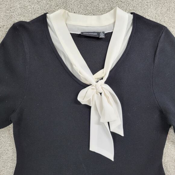 Nina Leonard Georgette Dress Womens XL Black Knit Tie Neck Tiered Flounce Sleeve - Picture 4 of 16